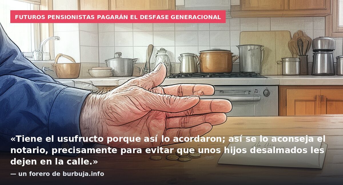 Futuros pensionistas pagarán el desfase generacional: «Tiene el usufructo porque así lo acordaron; así se lo aconseja el notario, precisamente para evitar que unos hijos desalmados les dejen en la calle.» — un forero de burbuja.info