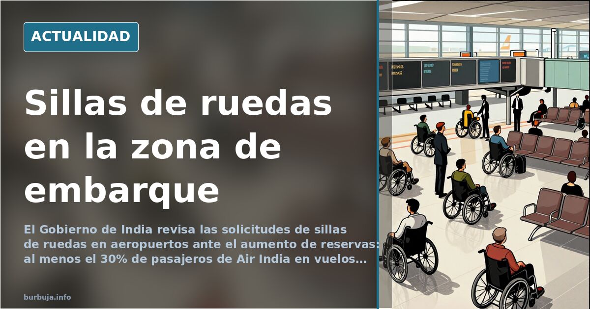 Pasajeros en la zona de embarque de un aeropuerto con varias sillas de ruedas alineadas junto a la puerta de acceso al avión