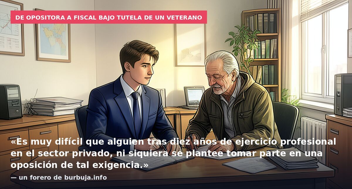 De opositora a fiscal bajo tutela de un veterano: «Es muy difícil que alguien tras diez años de ejercicio profesional en el sector privado, ni siquiera se plantee tomar parte en una oposición de tal exigencia.» — un forero de burbuja.info