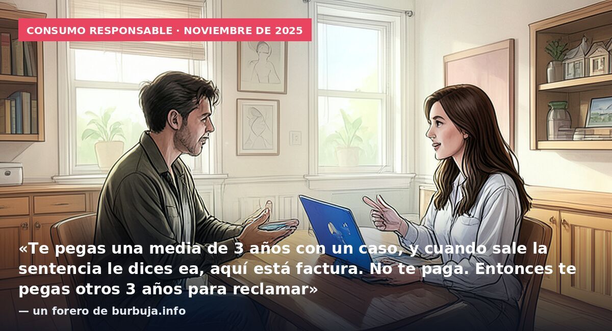 Consumo responsable · noviembre de 2025: «Te pegas una media de 3 años con un caso, y cuando sale la sentencia le dices ea, aquí está factura. No te paga. Entonces te pegas otros 3 años para reclamar» — un forero de burbuja.info