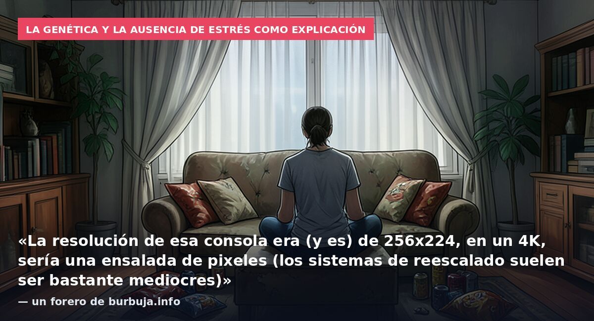 La genética y la ausencia de estrés como explicación: «La resolución de esa consola era (y es) de 256x224, en un 4K, sería una ensalada de pixeles (los sistemas de reescalado suelen ser bastante mediocres)» — un forero de burbuja.info