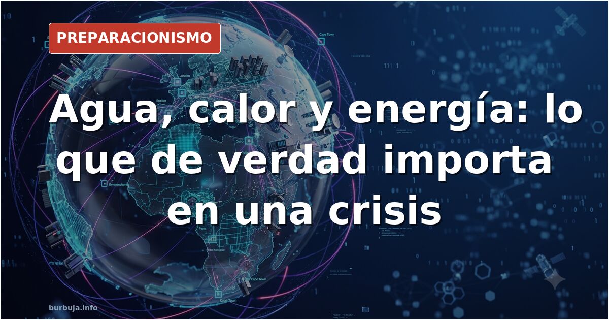 Garrafas de agua almacenadas en una estantería junto a una estufa de parafina y una batería portátil