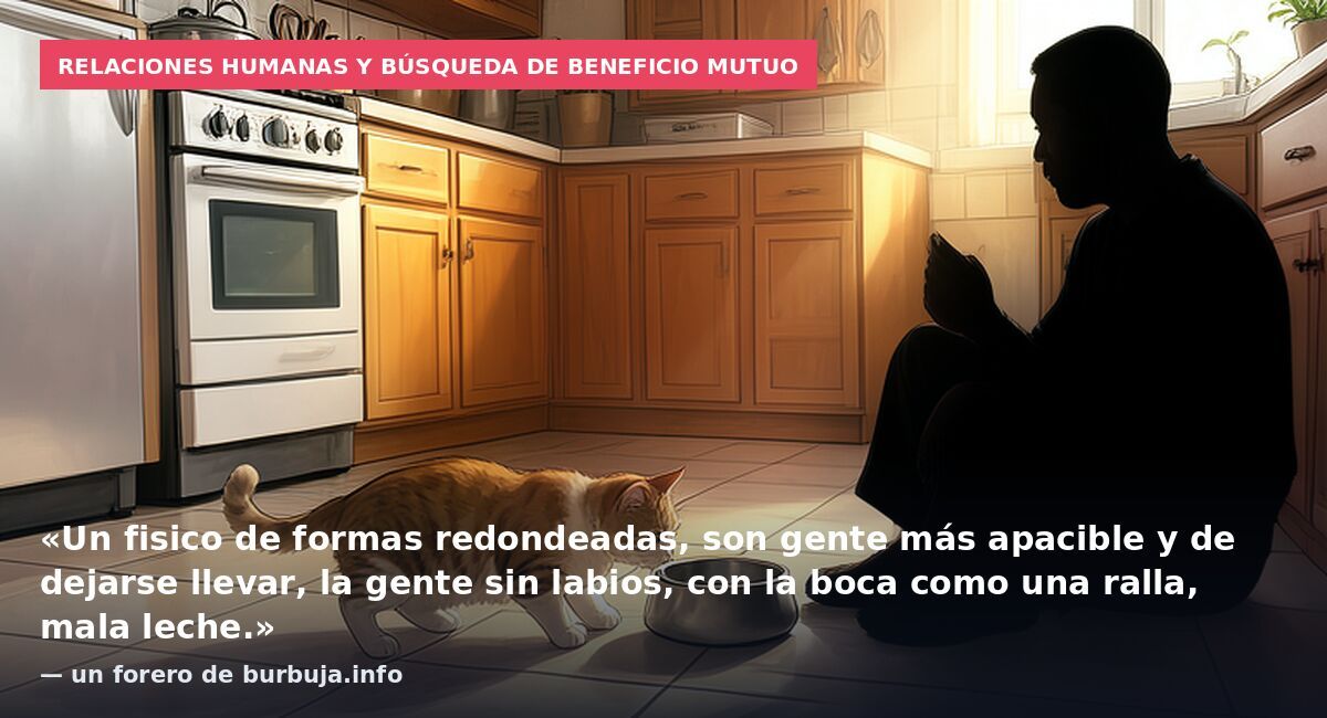 Relaciones humanas y búsqueda de beneficio mutuo: «Un fisico de formas redondeadas, son gente más apacible y de dejarse llevar, la gente sin labios, con la boca como una ralla, mala leche.» — un forero de burbuja.info