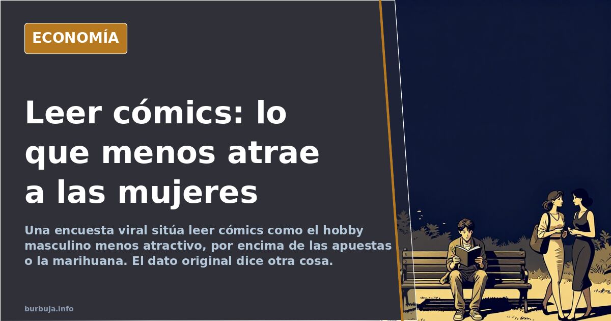 Ilustración editorial de un hombre leyendo un cómic junto a una gráfica de barras descendente sobre atractivo masculino