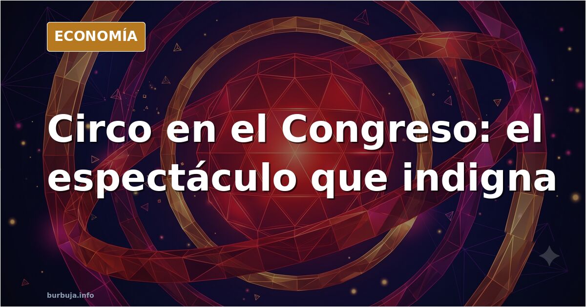 Ilustración editorial de un hemiciclo parlamentario convertido en pista de circo con un poste central y aros dorados