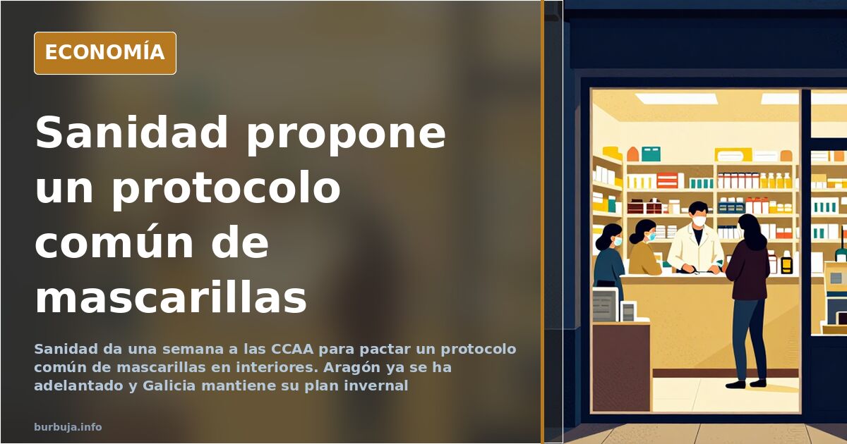 Ilustración editorial de una mascarilla quirúrgica azul sobre fondo azul marino con detalles dorados y silueta de edificio in