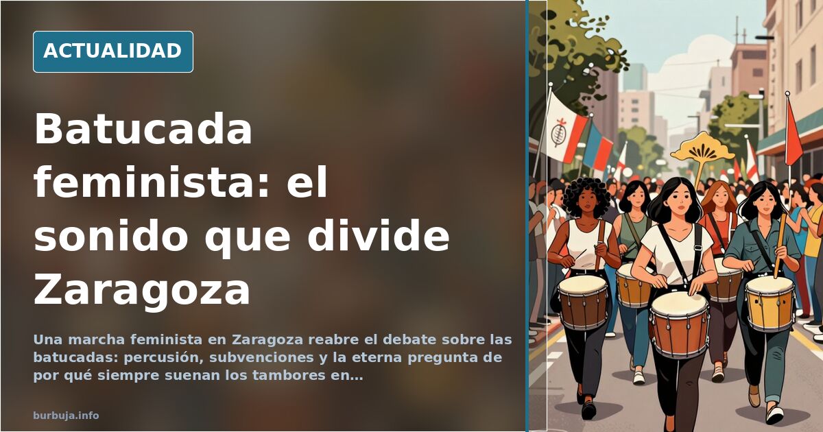 Mujeres tocando tambores en una batucada durante una marcha feminista en una calle de Zaragoza
