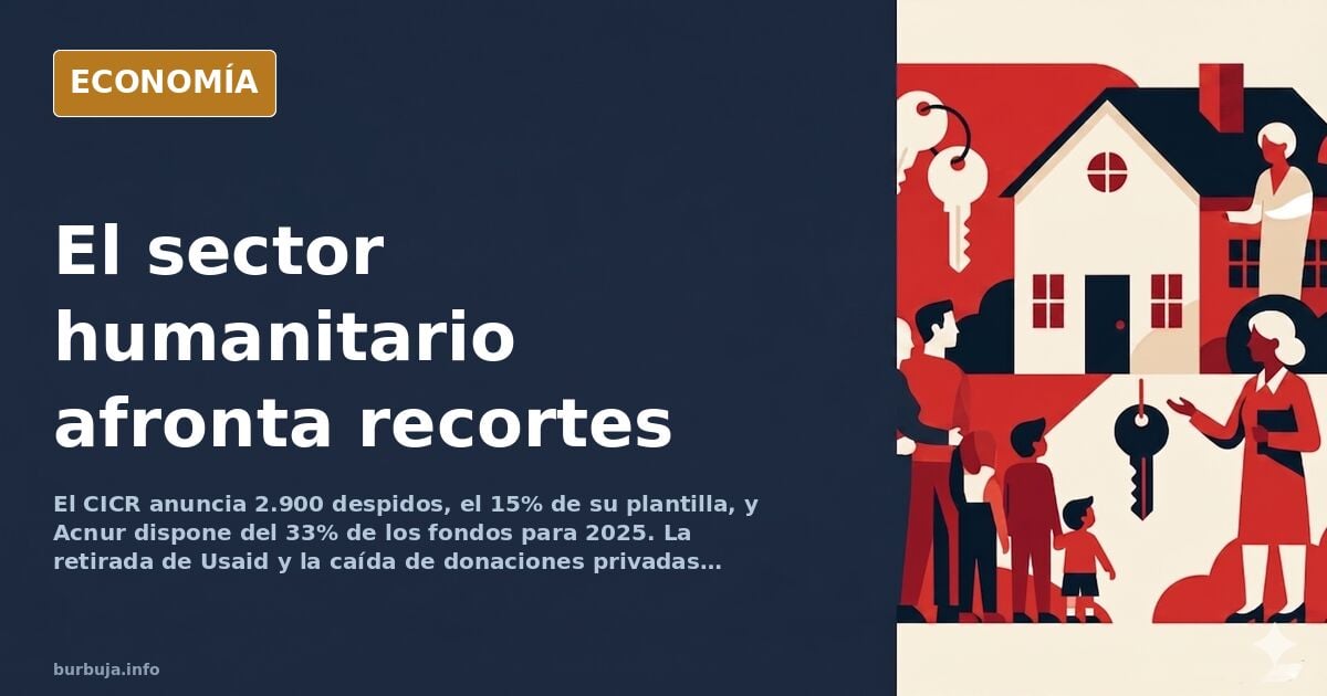 Ilustración editorial de una gran estructura humanitaria desmontándose mientras pequeñas organizaciones permanecen intactas e