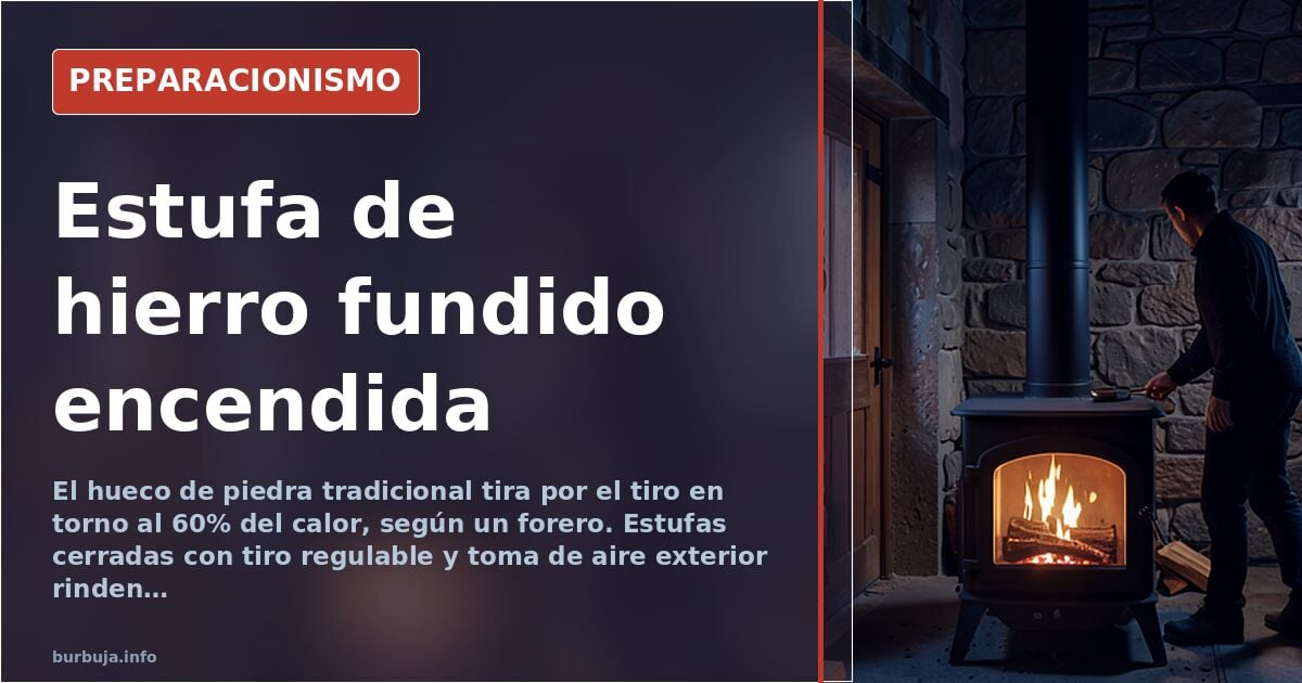Estufa de leña de hierro fundido encendida en una estancia, con troncos ardiendo tras la puerta de cristal
