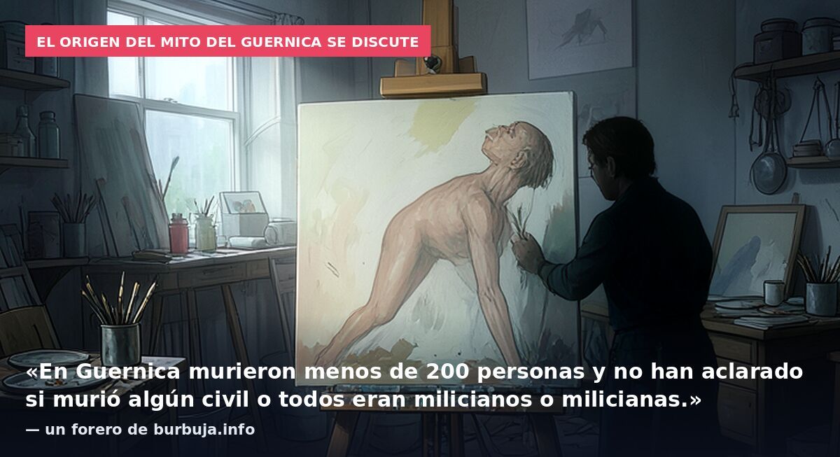 El origen del mito del Guernica se discute: «En Guernica murieron menos de 200 personas y no han aclarado si murió algún civil o todos eran milicianos o milicianas.» — un forero de burbuja.info