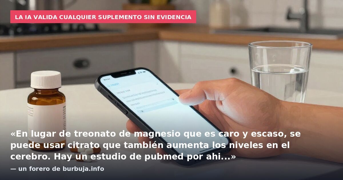 La IA valida cualquier suplemento sin evidencia: «En lugar de treonato de magnesio que es caro y escaso, se puede usar citrato que también aumenta los niveles en el cerebro. Hay un estudio de pubmed por ahi...» — un forero de burbuja.info