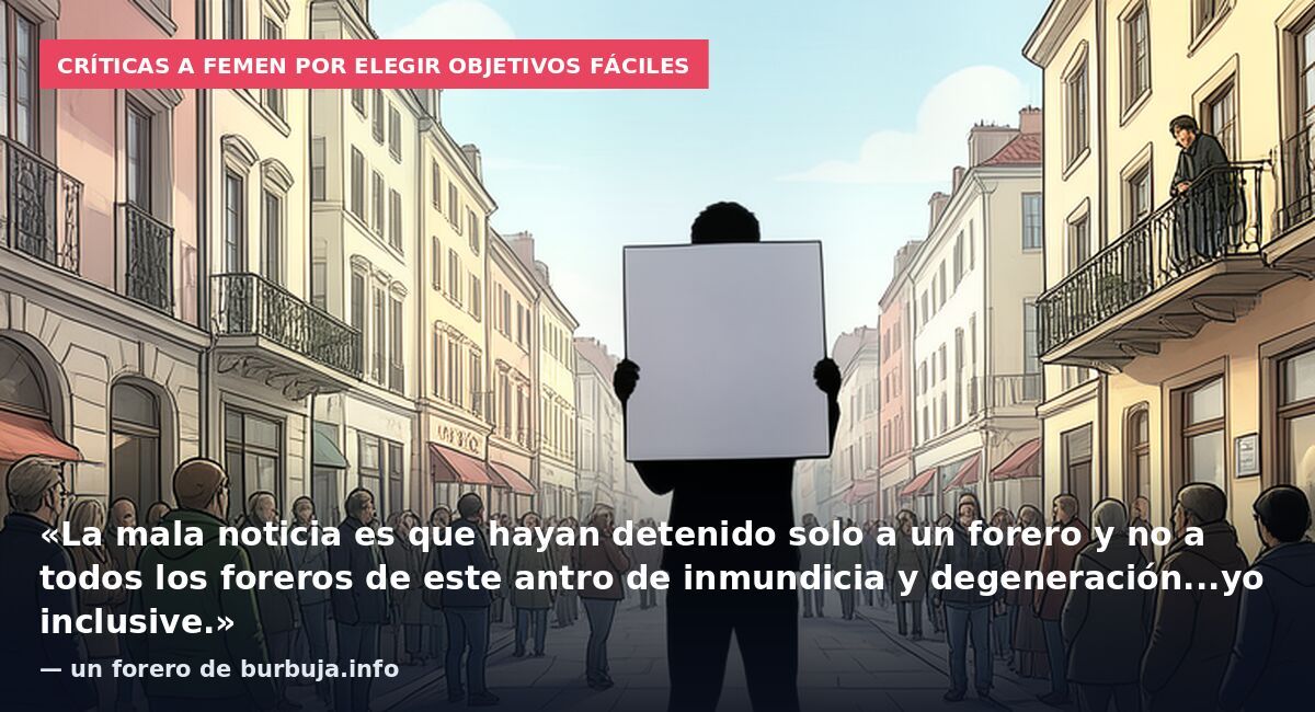 Críticas a Femen por elegir objetivos fáciles: «La mala noticia es que hayan detenido solo a un forero y no a todos los foreros de este antro de inmundicia y degeneración...yo inclusive.» — un forero de burbuja.info