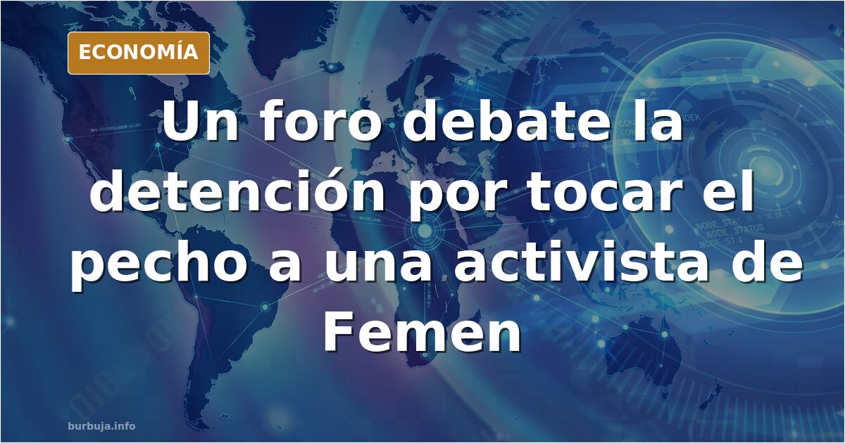 Ilustración editorial de una protesta con activistas y un hombre detenido por tocar el pecho a una manifestante