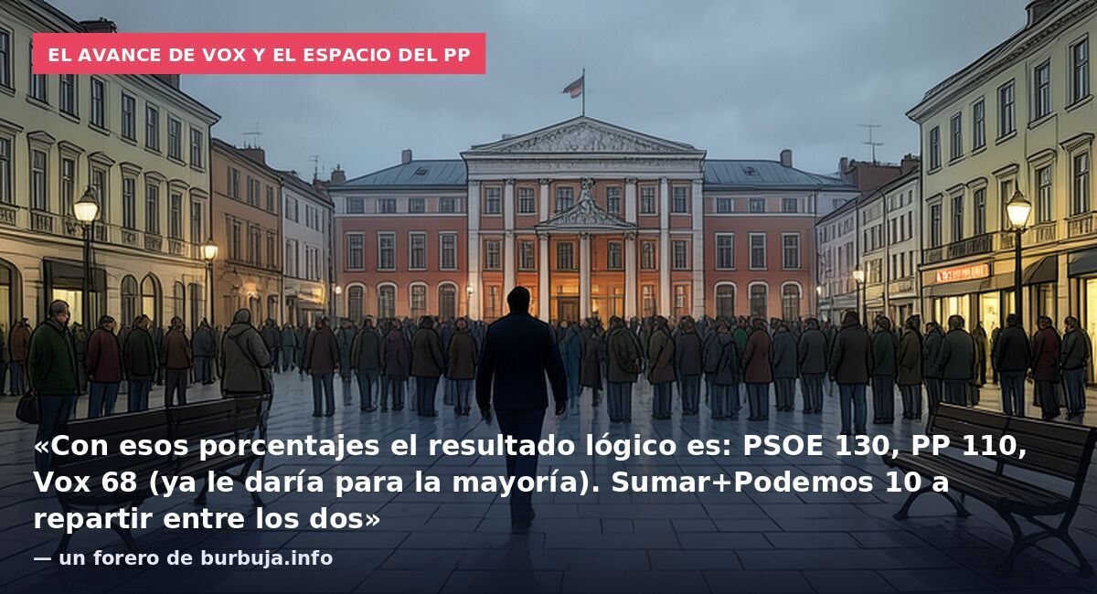 El avance de Vox y el espacio del PP: «Con esos porcentajes el resultado lógico es: PSOE 130, PP 110, Vox 68 (ya le daría para la mayoría). Sumar+Podemos 10 a repartir entre los dos» — un forero de burbuja.info