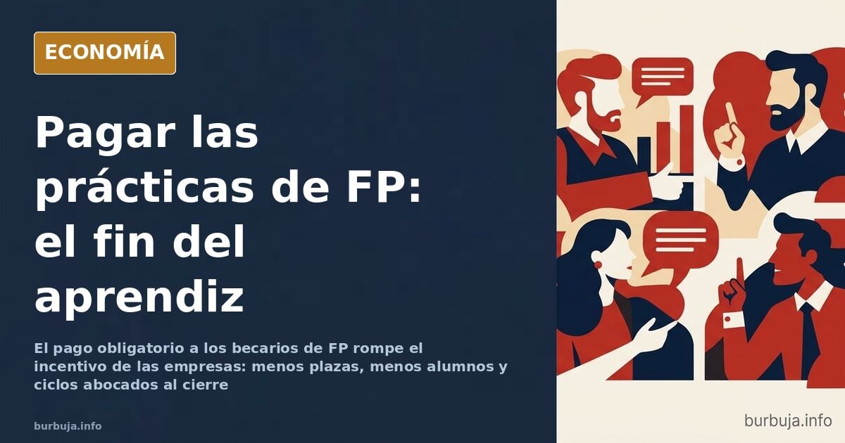 Ilustración editorial de un taller vacío con una silla y una escoba, símbolo de las prácticas de formación profesional sin em