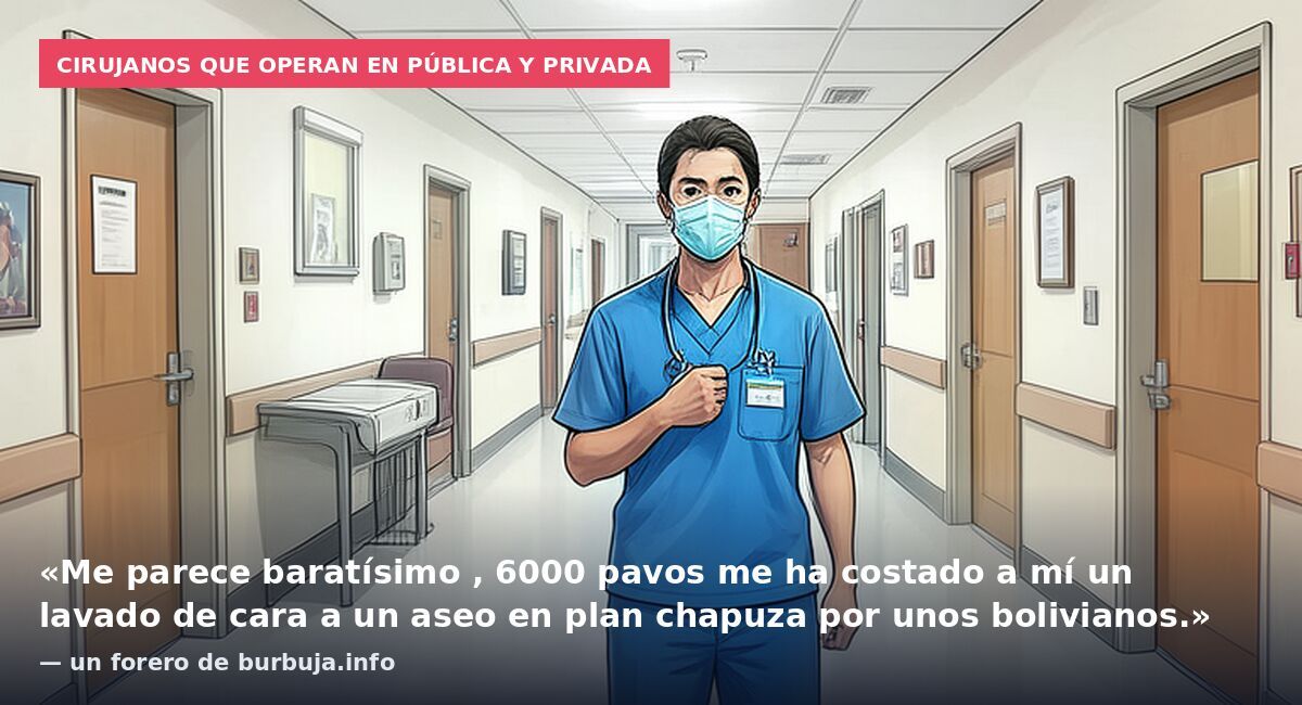 Cirujanos que operan en pública y privada: «Me parece baratísimo , 6000 pavos me ha costado a mí un lavado de cara a un aseo en plan chapuza por unos bolivianos.» — un forero de burbuja.info