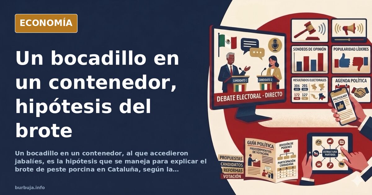 Ilustración editorial de un jabalí junto a un contenedor de basura con un bocadillo, símbolo del brote de peste porcina en Ca