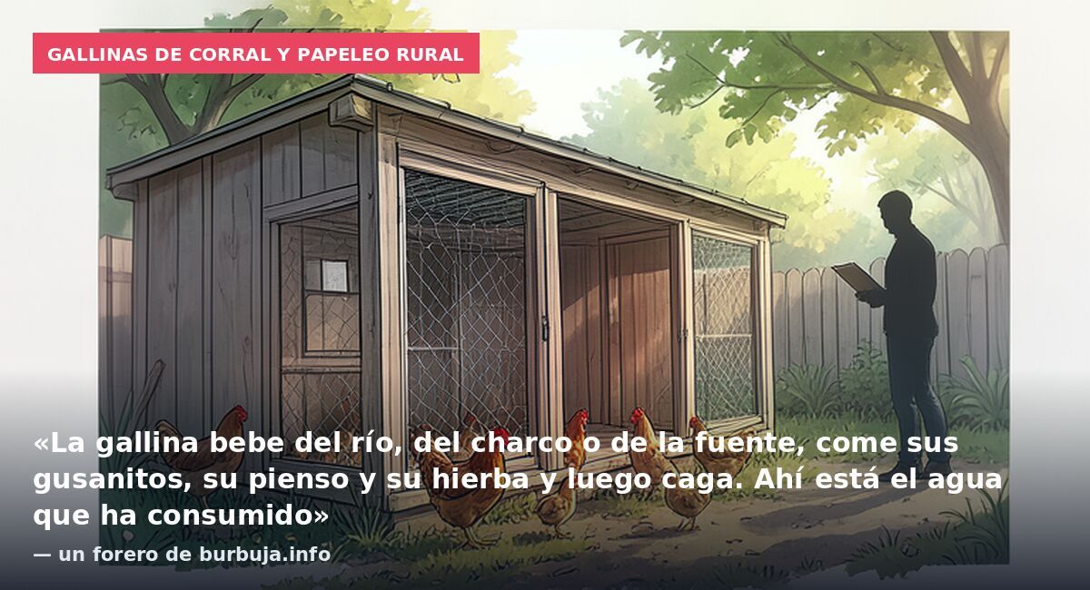 Gallinas de corral y papeleo rural: «La gallina bebe del río, del charco o de la fuente, come sus gusanitos, su pienso y su hierba y luego caga. Ahí está el agua que ha consumido» — un forero de burbuja.info