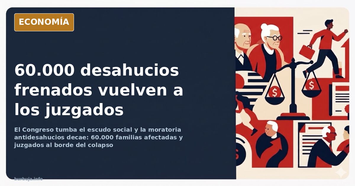 Ilustración editorial de un edificio de viviendas con expedientes judiciales apilados y una balanza desequilibrada