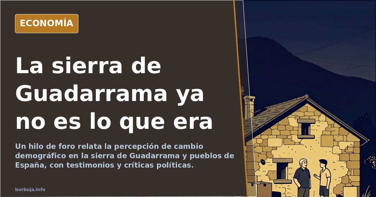 Ilustración editorial de un pueblo de montaña español con carteles de alquiler y una bandera morada en el ayuntamiento