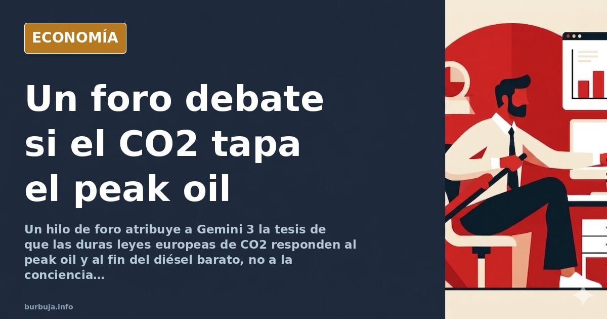 Ilustración editorial de un barril de petróleo junto a un molino de viento bajo un cielo oscuro, simbolizando el debate sobre