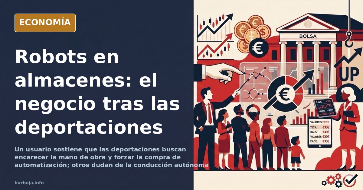 Ilustración editorial de brazos robóticos sustituyendo trabajadores en un almacén industrial con palés y cajas