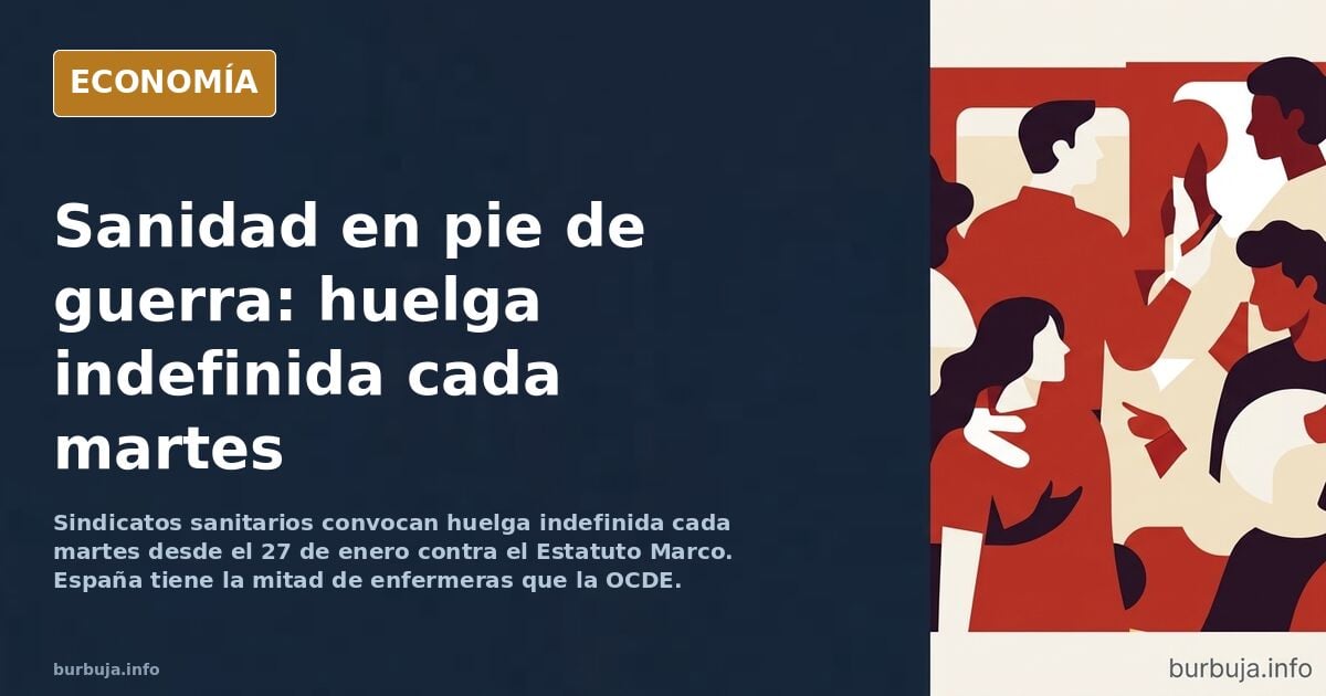 Ilustración editorial de una sala de hospital con profesionales sanitarios en huelga sosteniendo carteles reivindicativos