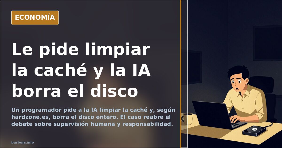 Ilustración editorial de una IA borrando el disco duro de un ordenador tras una orden confusa de limpiar la caché