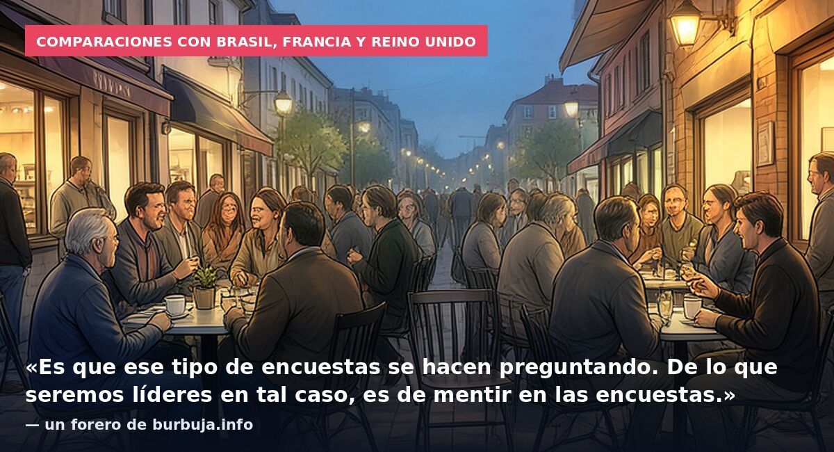 Comparaciones con Brasil, Francia y Reino Unido: «Es que ese tipo de encuestas se hacen preguntando. De lo que seremos líderes en tal caso, es de mentir en las encuestas.» — un forero de burbuja.info