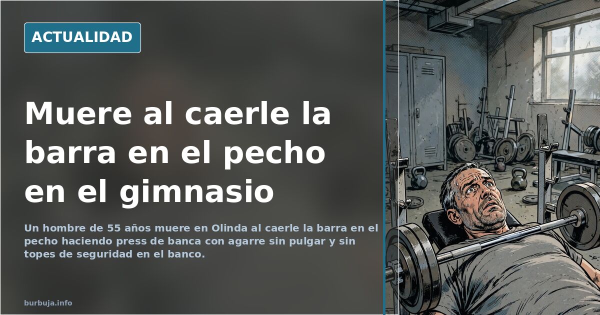 Banco de press de banca con barra cargada de discos en un gimnasio, sin topes laterales de seguridad