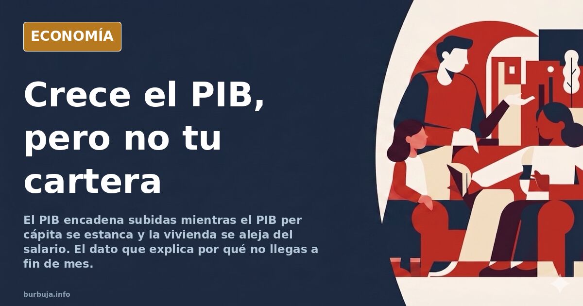 Ilustración editorial de una cesta de la compra y una gráfica de PIB que sube mientras el salario se queda plano