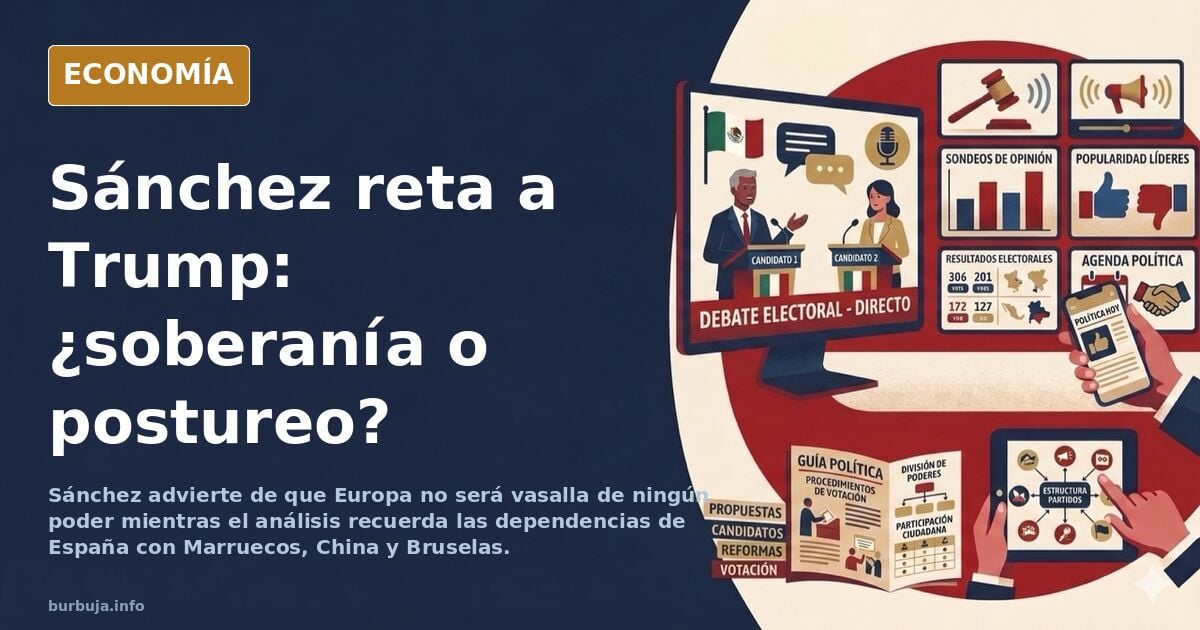 Ilustración editorial de un líder europeo de espaldas frente a una balanza con banderas y bloques de poder