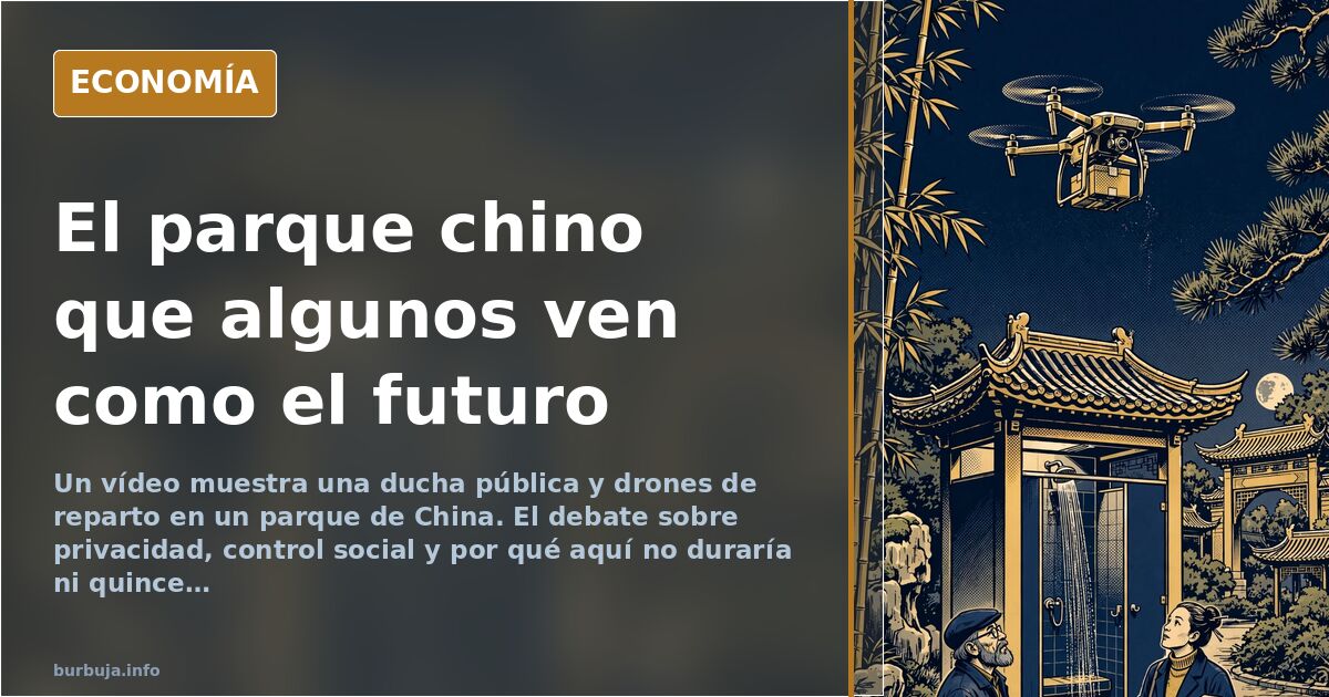 Ducha pública instalada en un parque urbano de China junto a una máquina expendedora de toallas y un banco inteligente