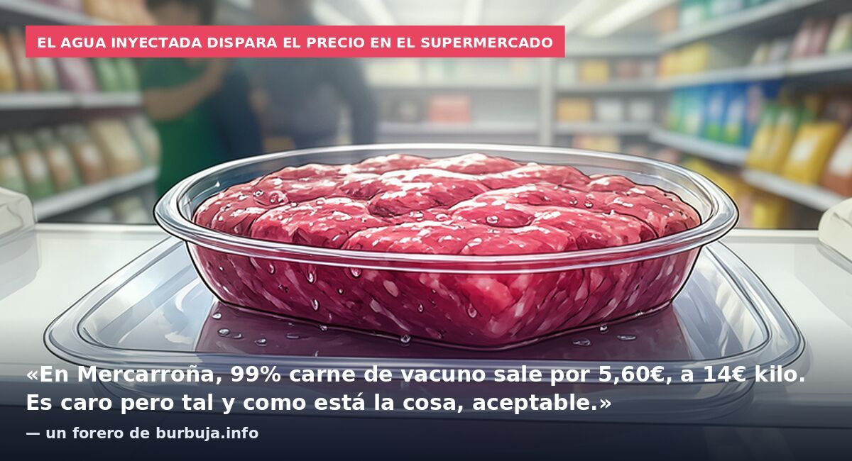 El agua inyectada dispara el precio en el supermercado: «En Mercarroña, 99% carne de vacuno sale por 5,60€, a 14€ kilo. Es caro pero tal y como está la cosa, aceptable.» — un forero de burbuja.info