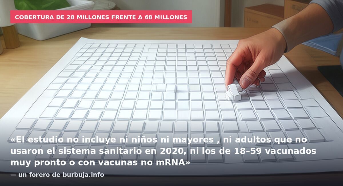 Cobertura de 28 millones frente a 68 millones: «El estudio no incluye ni niños ni mayores , ni adultos que no usaron el sistema sanitario en 2020, ni los de 18–59 vacunados muy pronto o con vacunas no mRNA» — un forero de burbuja.info