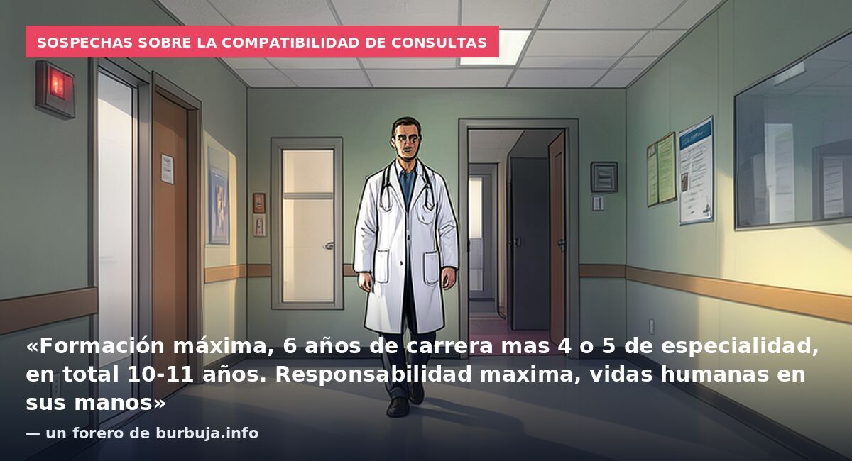 Sospechas sobre la compatibilidad de consultas: «Formación máxima, 6 años de carrera mas 4 o 5 de especialidad, en total 10-11 años. Responsabilidad maxima, vidas humanas en sus manos» — un forero de burbuja.info