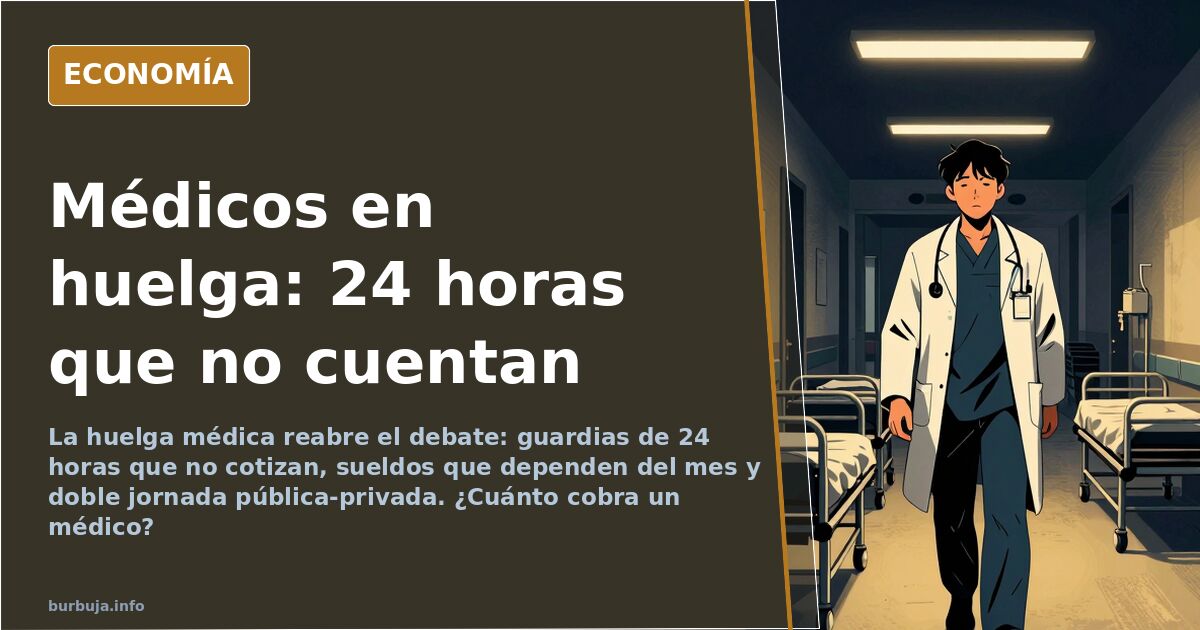 Ilustración editorial de un médico con bata frente a una nómina y un reloj marcando 24 horas en tonos azul marino y dorado