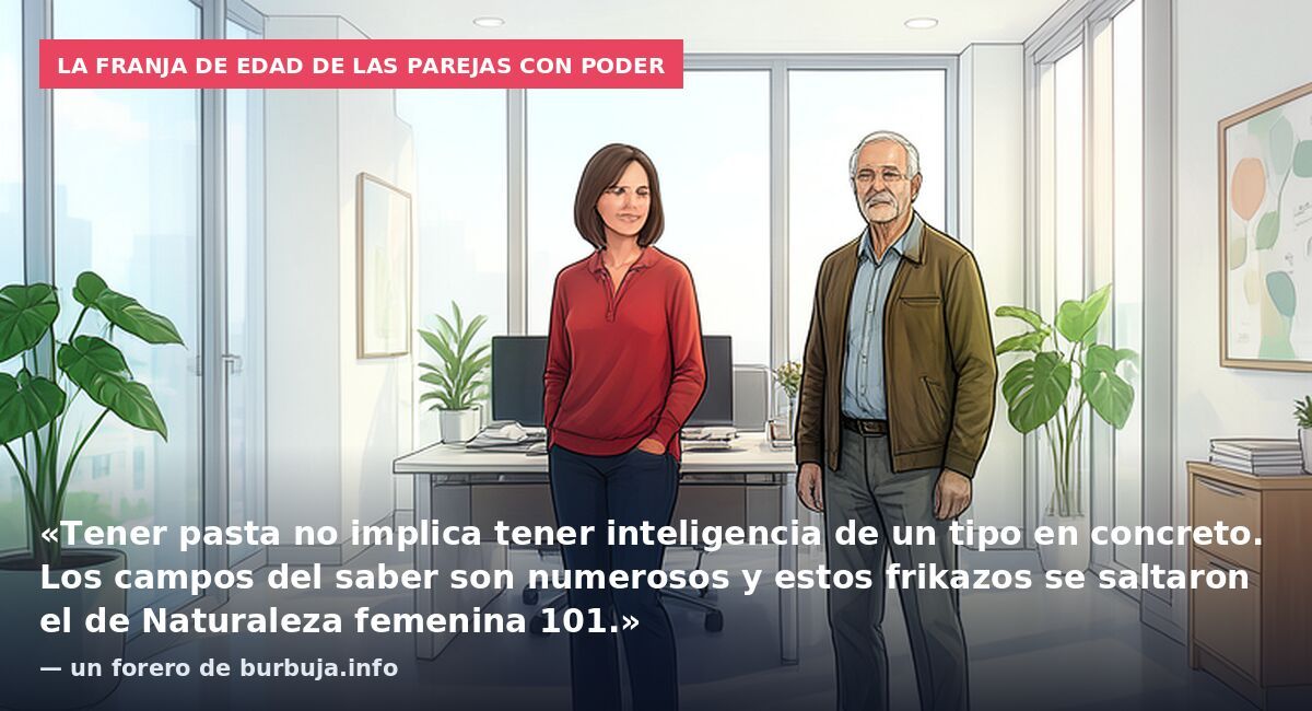 La franja de edad de las parejas con poder: «Tener pasta no implica tener inteligencia de un tipo en concreto. Los campos del saber son numerosos y estos frikazos se saltaron el de Naturaleza femenina 101.» — un forero de burbuja.info