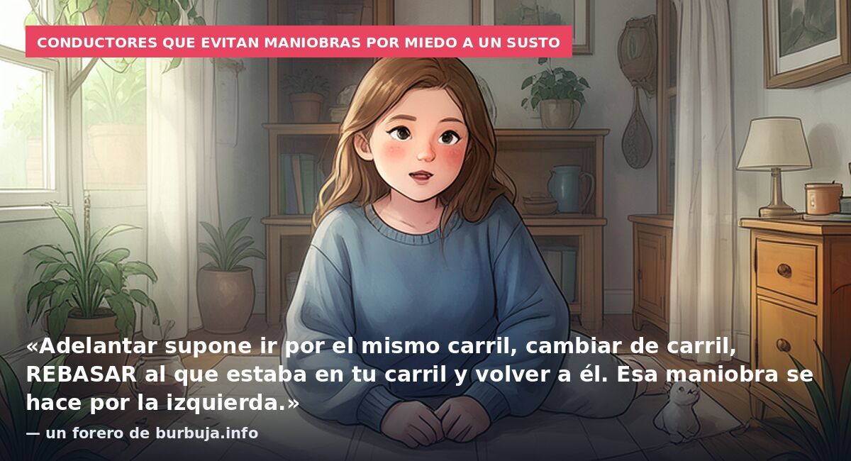 Conductores que evitan maniobras por miedo a un susto: «Adelantar supone ir por el mismo carril, cambiar de carril, REBASAR al que estaba en tu carril y volver a él. Esa maniobra se hace por la izquierda.» — un forero de burbuja.info