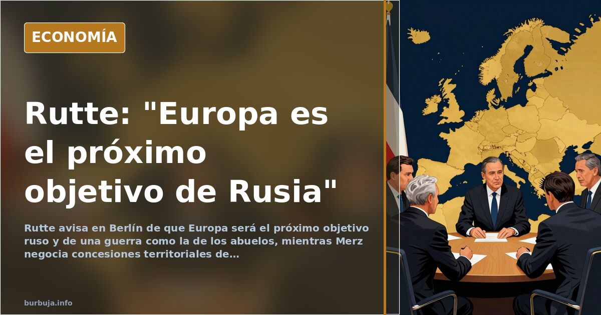 Ilustración editorial de un mapa de Europa bajo sombra militar con la palabra OTAN y una silueta de Mark Rutte al frente