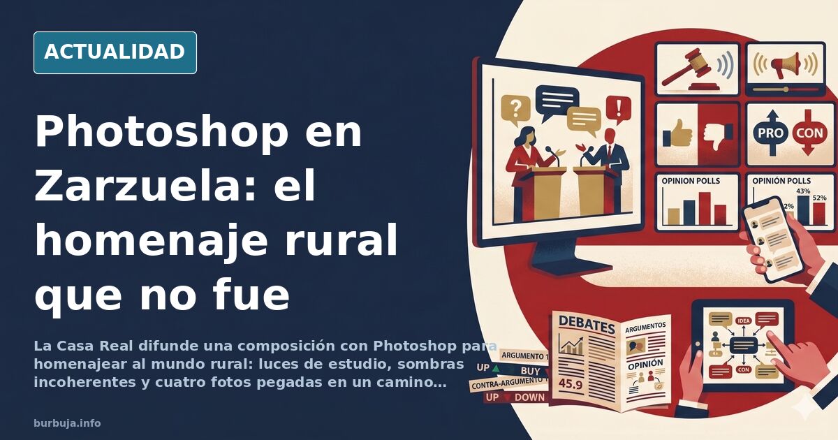 Composición digital de la Casa Real en un camino rural asturiano con iluminación de estudio y sombras incoherentes