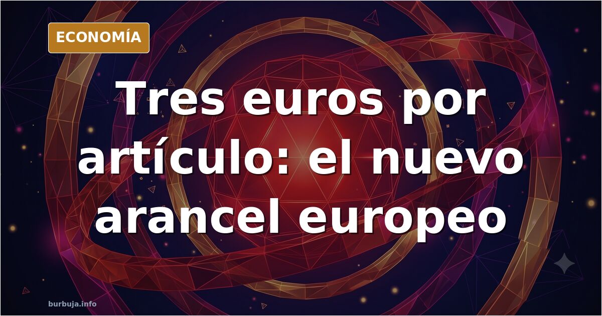 Ilustración editorial de paquetes de comercio online cruzando una frontera europea con la tasa de tres euros aplicada a cada 