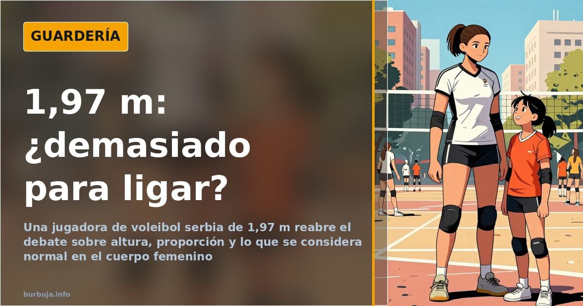Ilustración de una jugadora de voleibol alta junto a una cinta métrica y una red, representando el debate sobre la altura de 
