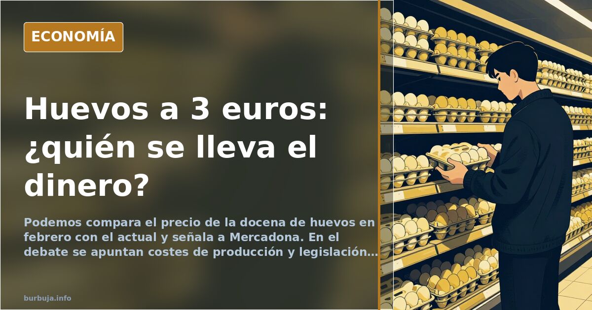 Docena de huevos sobre fondo azul marino con gráfico de precios en ascenso y carrito de supermercado difuminado