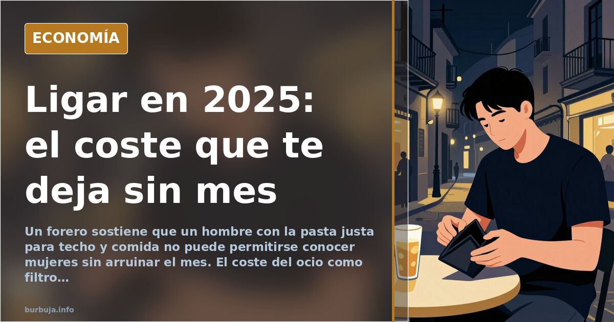Ilustración editorial de un hombre calculando gastos en una mesa de bar frente a una cuenta elevada, con billetes y monedas s