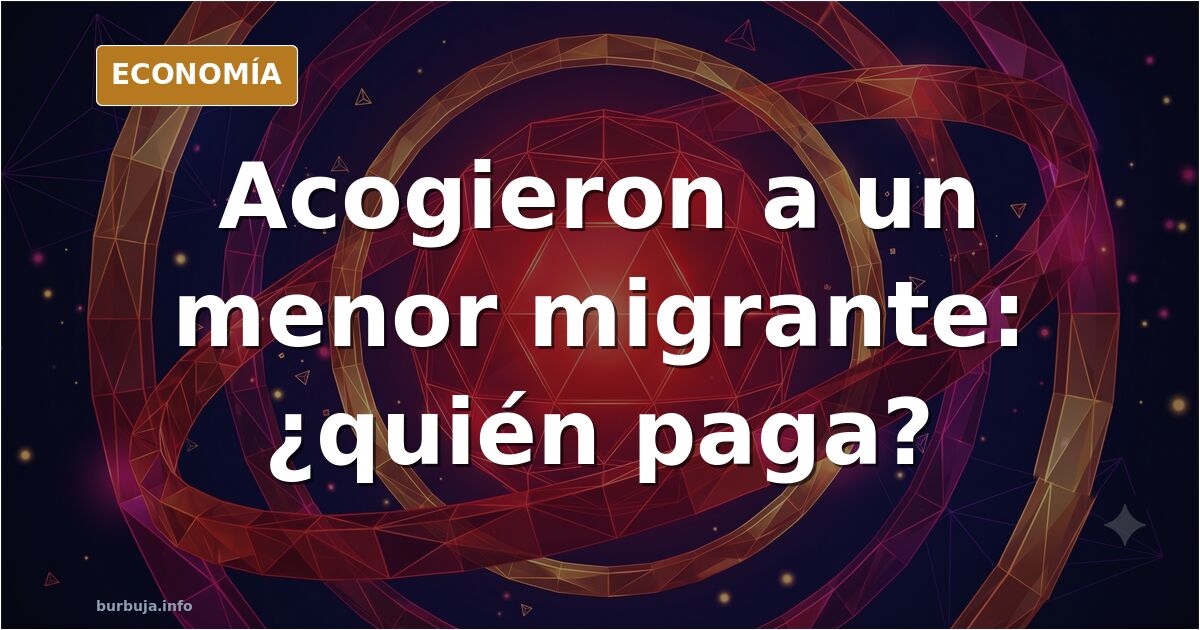 Ilustración editorial de una familia española acogiendo a un menor migrante, con documentos y ayudas públicas sobre la mesa