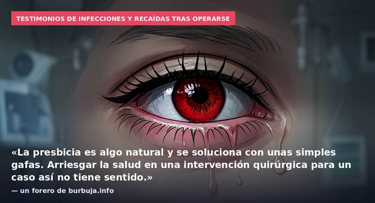 Testimonios de infecciones y recaídas tras operarse: «La presbicia es algo natural y se soluciona con unas simples gafas. Arriesgar la salud en una intervención quirúrgica para un caso así no tiene sentido.» — un forero de burbuja.info