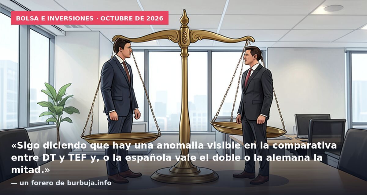 Bolsa e inversiones · octubre de 2026: «Sigo diciendo que hay una anomalia visible en la comparativa entre DT y TEF y, o la española vale el doble o la alemana la mitad.» — un forero de burbuja.info