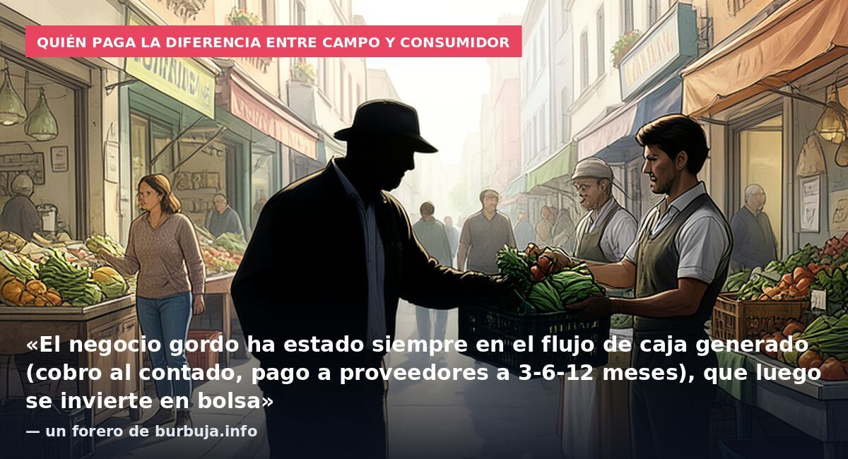 Quién paga la diferencia entre campo y consumidor: «El negocio gordo ha estado siempre en el flujo de caja generado (cobro al contado, pago a proveedores a 3-6-12 meses), que luego se invierte en bolsa» — un forero de burbuja.info