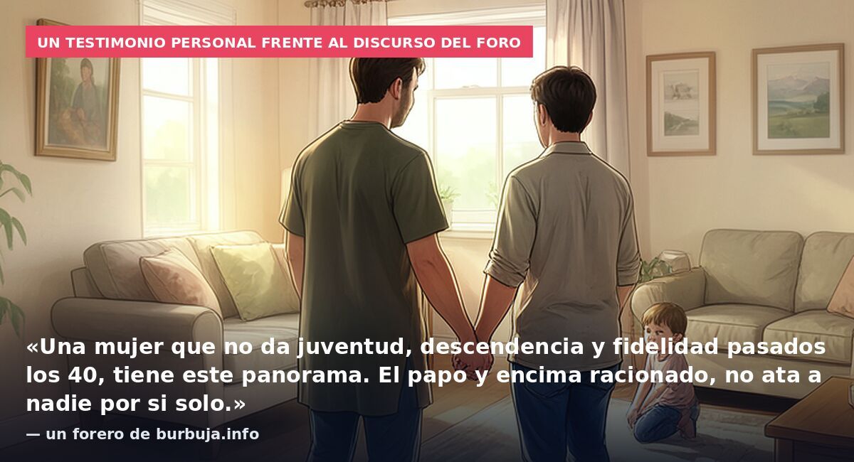Un testimonio personal frente al discurso del foro: «Una mujer que no da juventud, descendencia y fidelidad pasados los 40, tiene este panorama. El papo y encima racionado, no ata a nadie por si solo.» — un forero de burbuja.info